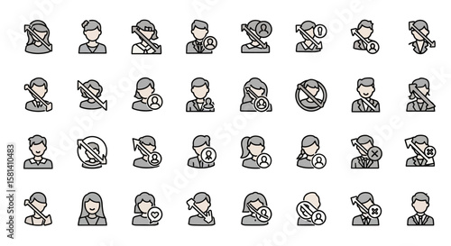 Set of Vector Icons Diverse User Account Icons with Add Remove and Restriction Symbols. Vector Illustrations. EPS Editable