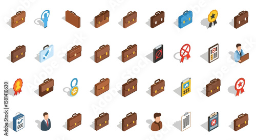 Set of Vector Icons Isometric Brown Briefcases with Handles Representing Business and Finance Concepts. Vector Illustrations. EPS Editable
