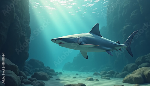 Wallpaper Mural Shark Swimming in Coral Reef, Marine Environment, Digital Art, Ocean View, Wildlife Concept Torontodigital.ca