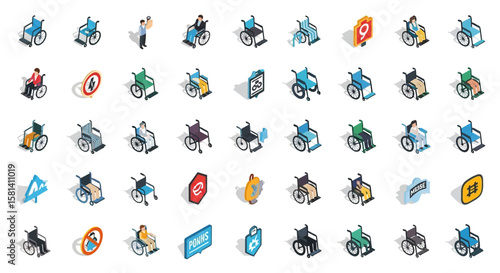 Set of Vector Icons Isometric Collection of Diverse Wheelchairs Modern Designs and User Variations. Vector Illustrations. EPS Editable