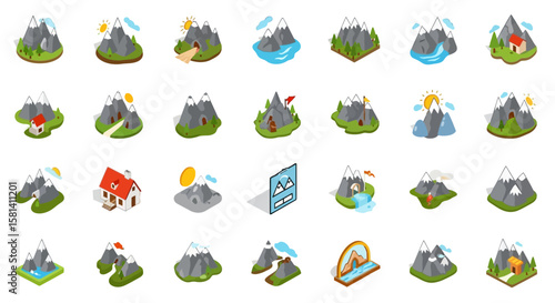 Set of Vector Icons Isometric Mountain Icons Collection of Stylized Peaks with Snow Trees and Elements. Vector Illustrations. EPS Editable