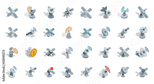 Set of Vector Icons Isometric Satellite Dishes and Solar Panel Arrays Icons Set. Vector Illustrations. EPS Editable