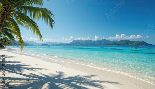 Wallpaper Mural Scenic tropical beach with clear turquoise water, white sand, palm tree shadows and mountain view, perfect summer travel destination and nature seascape background
 Torontodigital.ca