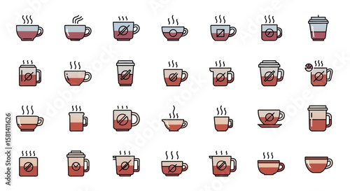 Set of Vector Icons Various Hot Beverage Cups and Containers with Steam. Vector Illustrations. EPS Editable