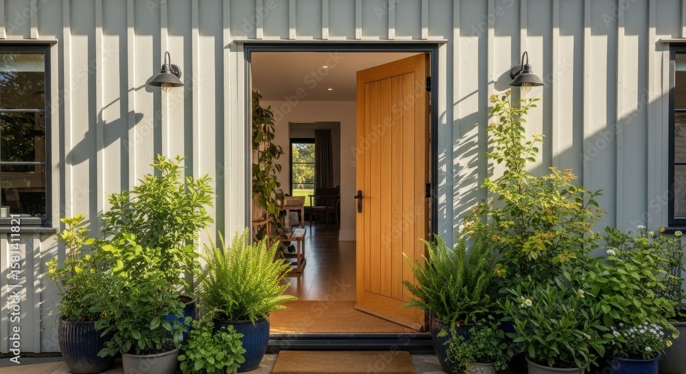 Obraz premium Charming Farmhouse Entrance with Lush Greenery and Natural Light