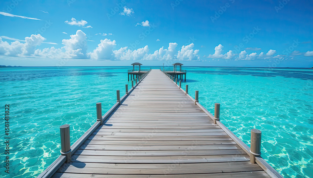 Obraz premium Wooden pier stretching into clear turquoise ocean under bright blue sky with calm water, tropical summer travel background for paradise vacation, resort and seascape design 