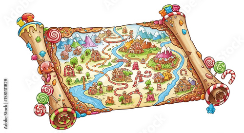 Vector explore the sweet candy land map with gingerbread houses lollipop trees and gumdrop mountains for adventure games
