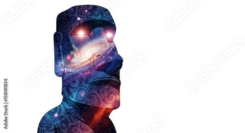 Vector explore easter island moai statue with galaxy space art and cosmic background design for travel and culture art