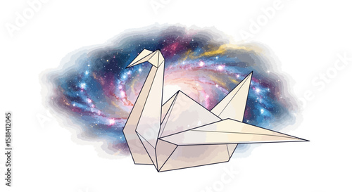 Vector origami crane tutorial with galaxy background, paper folding guide, learn to fold, easy paper art project