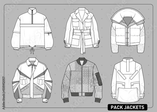 Vector fashion pack of six urban jackets with detailed flat sketches. Ideal for streetwear design, sewing patterns, and fashion references for apparel development.