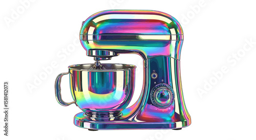 Vector iridescent stand mixer kitchen appliance for baking and cooking with stainless steel bowl and attachments