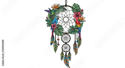 Vector dreamcatcher with tropical birds parrots and flowers design illustration vector art drawing print