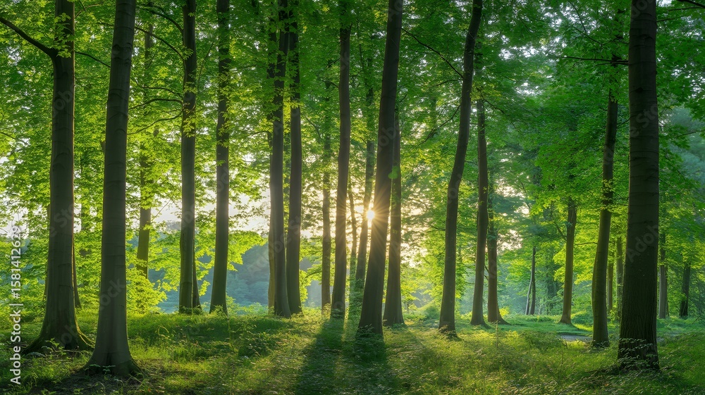 Fototapeta premium Sunlit forest path with tall trees and green foliage sunlight nature