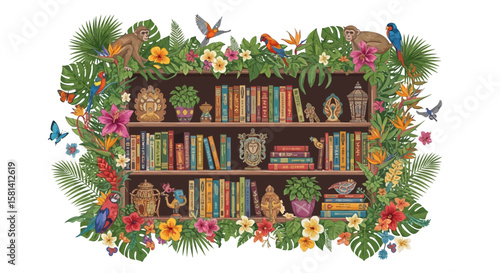 Vector tropical bookshelf wallpaper with jungle animals and exotic flowers seamless pattern illustration art