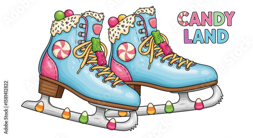 Vector candy land themed ice skates with gummy bears and lollipops vector illustration for winter sports fun
