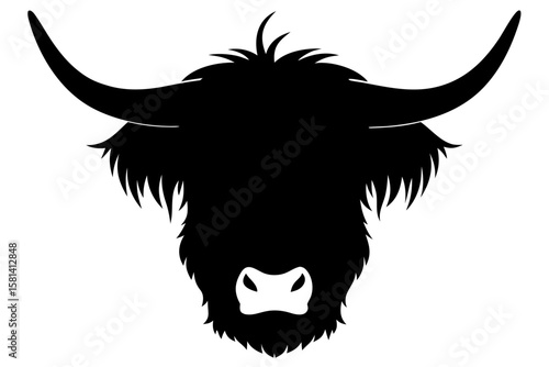 Detailed highland cow head front view silhouette vector illustration