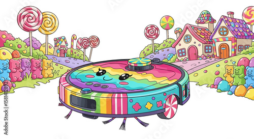 Vector cute candy land robot vacuum cleaner illustration for kids and home cleaning themed designs and decoration