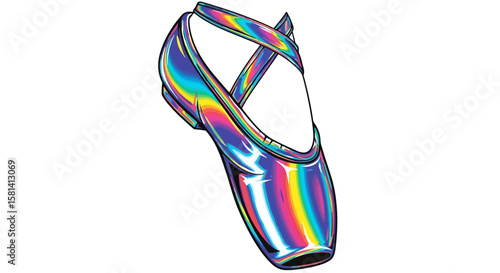 Vector iridescent ballet shoes for dancing and performance art with cross strap design and rainbow colors style