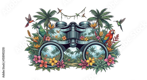 Vector binoculars birdwatching in tropical jungle with parrots hummingbirds and palm trees for wildlife enthusiasts