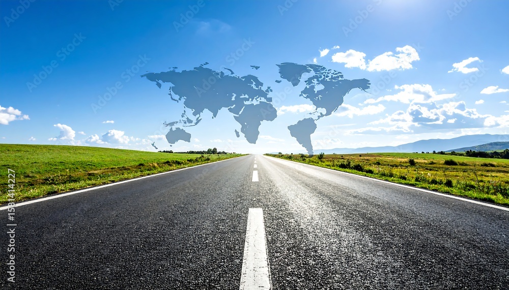 Open road leading to a world map in the sky Open road leading to a world map in the sky