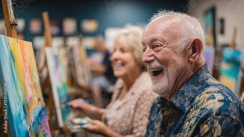 Senior friends attend painting class. elderly man is laughing with joy, feeling creative and connected, while his companion paints with focus and passion