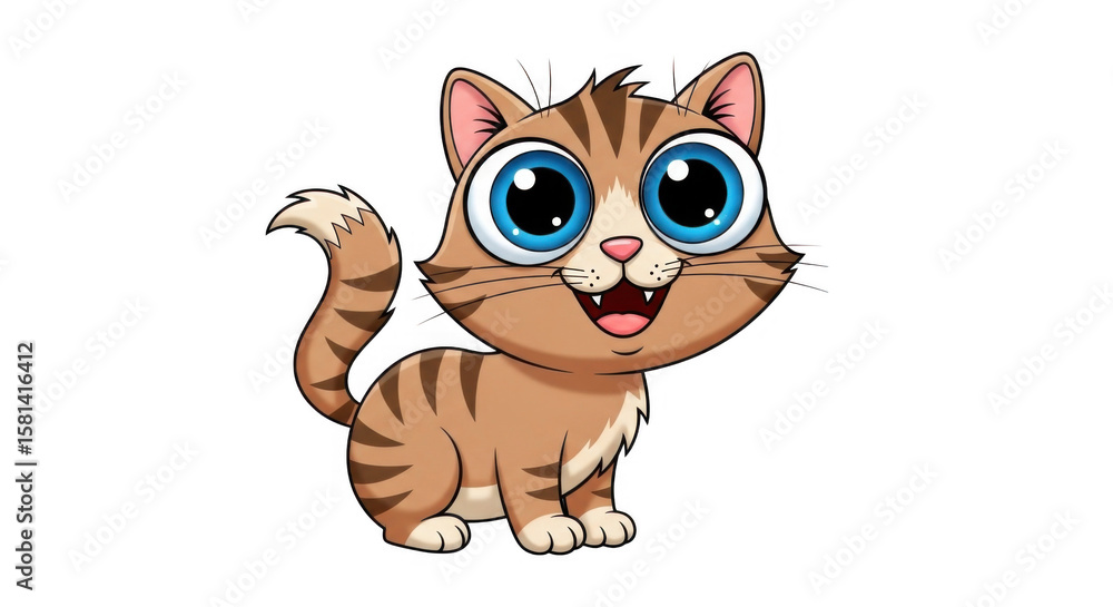 Fototapeta premium Adorable Cartoon Kitten with Big Blue Eyes and Striped Fur a Cute Fluffy Pet Friend
