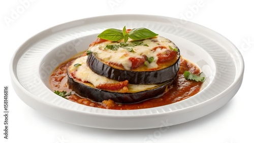 Baked Eggplant Parmesan Stacks with Rich Tomato Sauce and Fresh Basil Garnish









