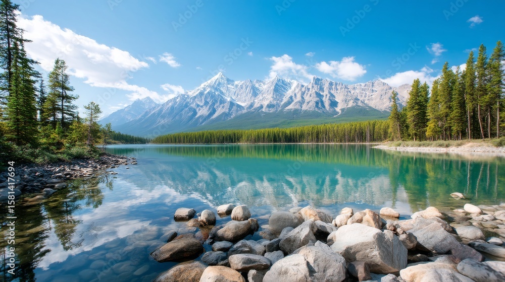 Obraz premium Serene Mountain Lake Reflection Under Clear Blue Sky Surrounded by Trees and Rocky Shoreline