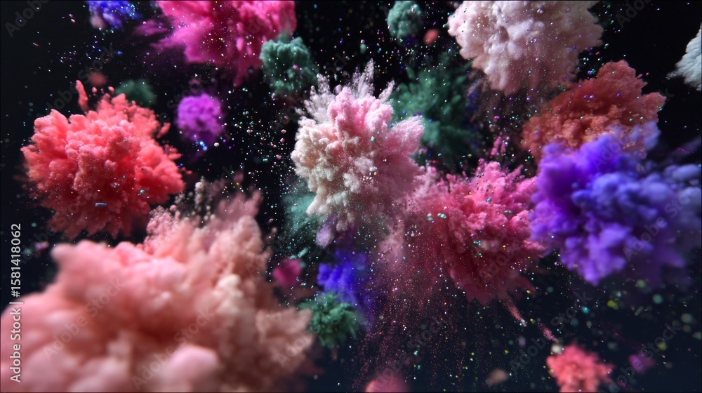 Obraz premium Colorful Explosion of Powder Particles in a Dark Background Capturing a Dynamic Artistic Moment