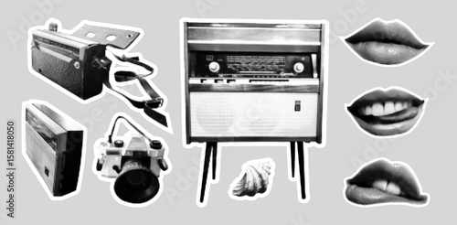 Vintage Camera, old Radio, and Lips Stickers  in style y2k brutalism pixel. 
