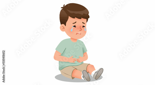 Sad Little Boy Crying and Holding His Stomach in Pain Cartoon Illustration