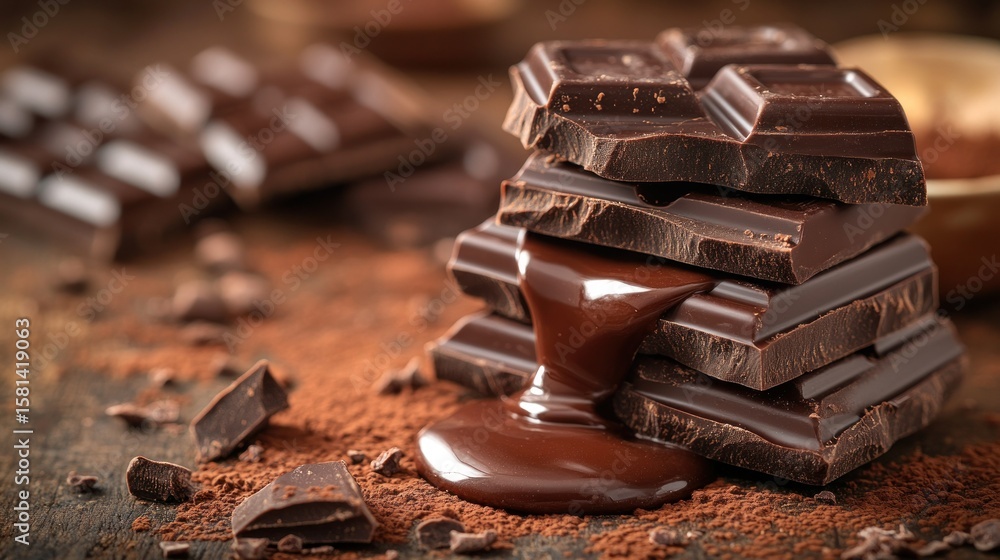Obraz Stacked dark chocolate pieces, melted chocolate drizzling down