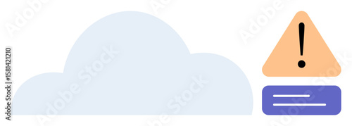 Cloud icon beside alert triangle with exclamation mark and flat horizontal bar. Ideal for technology, system issue, network warning, data management, troubleshooting, app debugging, simple flat