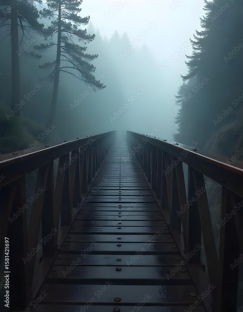 Fototapeta premium Mystical Morning Fog on a Wooden Forest Bridge