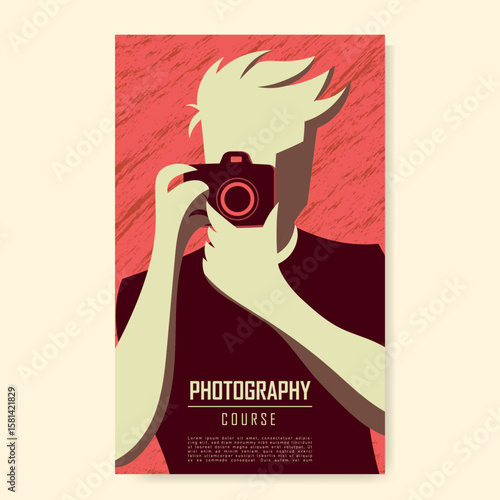 Young photographer teaching photography course with vintage minimalist poster design