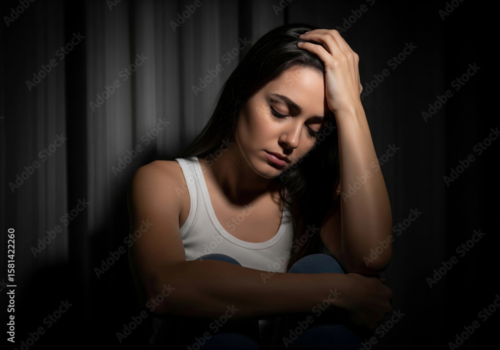 Fototapeta premium Sad young woman sitting in the dark, holding her head in emotional distress. This image represents depression, anxiety, and mental health struggles, ideal for awareness and psychological content. 
