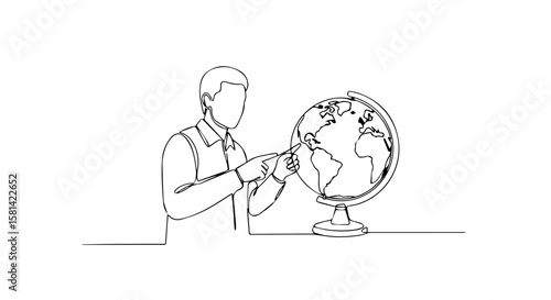 Man studying globe and taking notes at desk in minimalist style  
