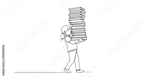 Young girl carrying a stack of books while walking indoors  