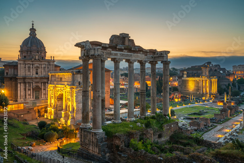 Ruins of Roman forum at dawn in Rome. Italy