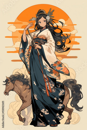 馬に乗る着物を着た女性のイラスト