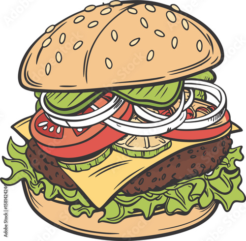 Delicious burger vector in EPS format with juicy layers of veggies, cheese, and beef. Perfect for food ads or menus. Tempt tastebuds—download this mouthwatering design today!