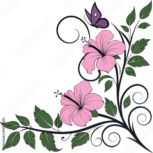 Elegant hibiscus flower corner design with swirling vines and a purple butterfly. Perfect for decor, cards, and prints. Bring beauty to your project—download this floral gem today!