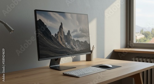 Modern desk setup with computer monitor and window view