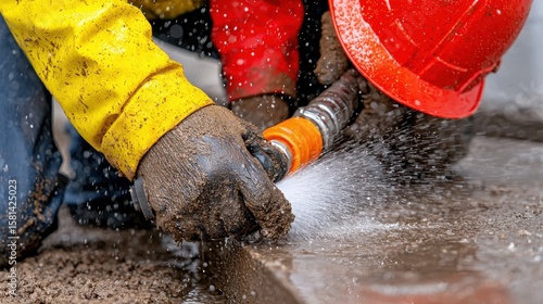 Two Workers Connecting Water Hose Outdoors, Close up