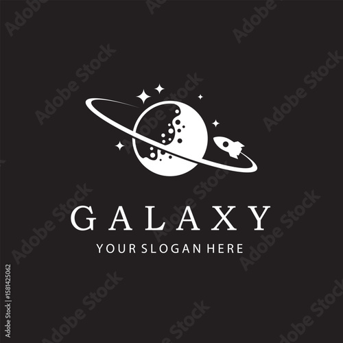 design of planet saturn with rocket isolated on black background
