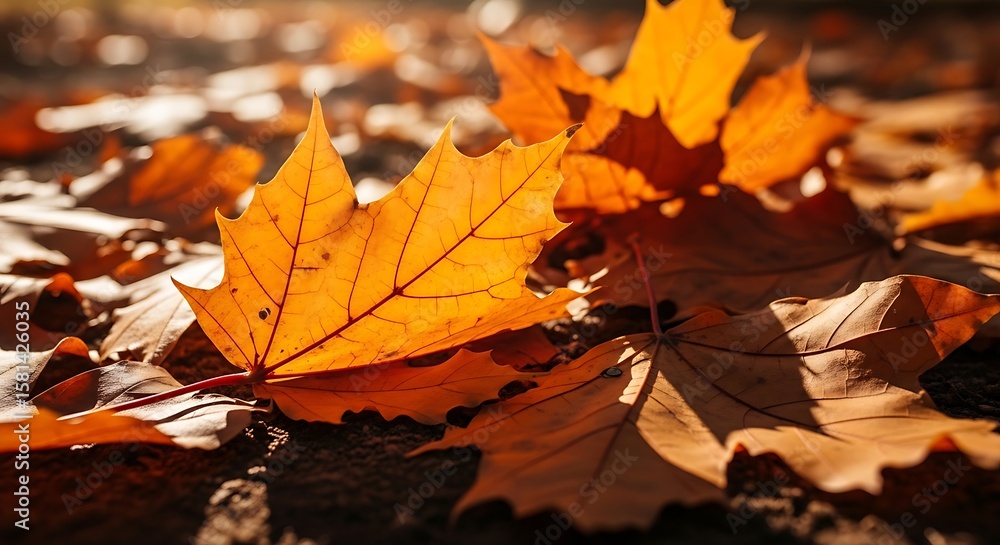 Fototapeta premium Autumn Leaves in Golden Light A Seasonal Landscape with Fallen Foliage