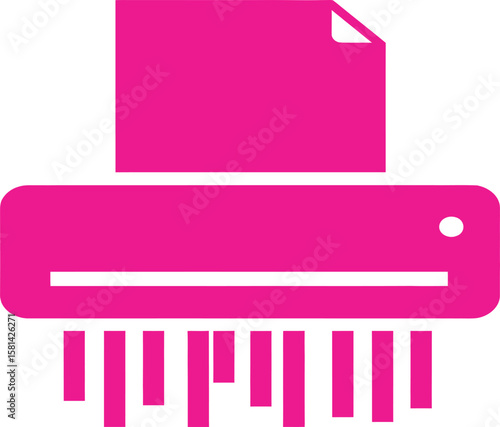 Magenta paper shredder icon, showing document being shredded.