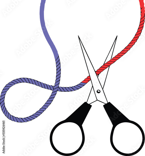 Symbolic graphic depicting sharp cutting implements severing a crimson coiled cord representing a global struggle against despair and the prevention of tragic outcomes