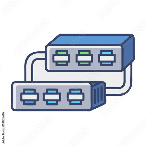 Network Switch Hubs Illustration, Modern Connectivity with Cables and Ports