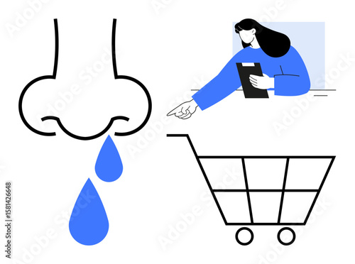 Woman gestures direction while holding clipboard beside shopping cart and abstract runny nose icon dropping blue liquid. Ideal for health, hygiene, allergies, decision-making, shopping, healthcare